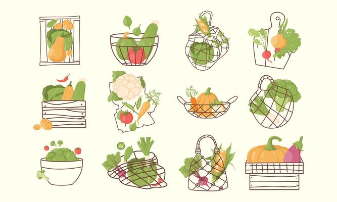 set of vegetables in string bags, tarts, boxes. Reusable bags, boxes. Reasonable consumption