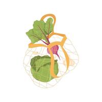 Cabbage, beetroot, garlic in a string bag. Healthy food. Reusable packaging. Recycling vector