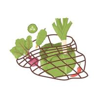 String bag with celery, cabbage, beetroot, pepper, cucumber. Reusable bag with vegetables vector