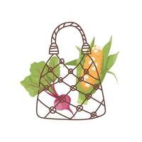 String bag with corn, beetroot. Eco-friendly consumption. Reusable grocery bag vector