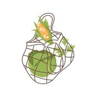 String bag with cabbage, corn, greens. Eco-friendly consumption vector