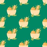 Plate with vegetables seamless pattern on a green background vector