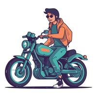 A man riding a motorcycle with sunglasses and a backpack vector