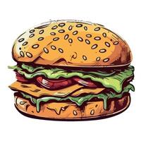 A hamburger with cheese, lettuce and tomato on a white background vector