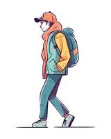 A cartoon man with a backpack walking vector