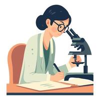 A woman in a lab coat is looking at a microscope vector