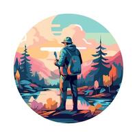 A man with a backpack standing in front of a lake vector