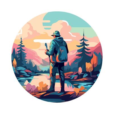 A man with a backpack standing in front of a lake