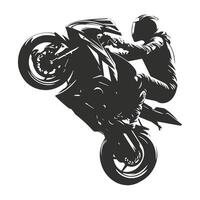 Silhouette of a motorcyclist doing a wheelie on a motorcycle. vector