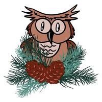 Eagle owl with pine branches and cones vector