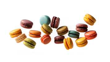 Various colorful of macarons floating on the air isolated on clean transparent background png