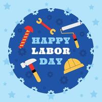 Labor Day graphic with tools and gears on blue background vector