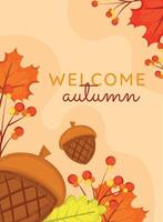 Autumn greeting card with acorns and fall leaves vector