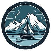 A boat in the ocean with mountains in the background vector
