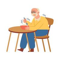 An elderly man sitting at a table with a bowl of soup vector