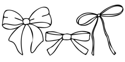 Black and white outline drawing of three different bows. Ideal for holiday decorations, gift wrapping designs, or crafting projects. Simple, elegant, and versatile line art for various uses vector