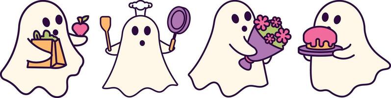 A group of ghost characters are holding flowers vector