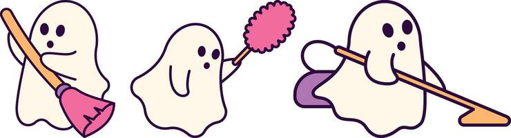 Three cartoon ghosts with broom and dustpan vector