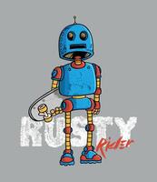 Retro style robot illustration with skateboard in hand. Editable art in cartoon style. vector