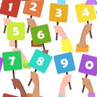 Seamless pattern of colorful cards with numbers held in hands on a white background vector