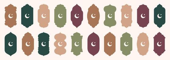 Shape Islamic door and window silhouette Arabic arch with crescent moon. Collection of patterns in oriental style. Frames in Arabic Muslim design for Ramadan Kareem. mosque gate isolated on vector