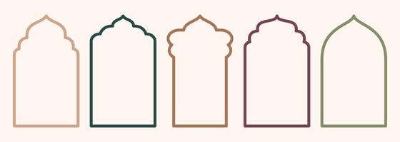 Shape Islamic door and window silhouette Arabic arch. Collection of patterns in oriental style. Frames in Arabic Muslim design for Ramadan Kareem. mosque gate stroke isolated on white vector