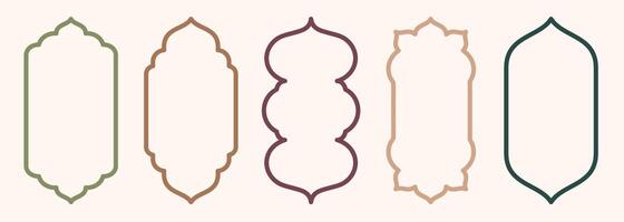 Shape Islamic door and window silhouette Arabic arch. Collection of patterns in oriental style. Frames in Arabic Muslim design for Ramadan Kareem. mosque gate stroke isolated on white vector
