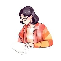 A woman with glasses is sitting at a table and writing vector