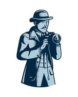 A man in a hat and coat holding a camera vector
