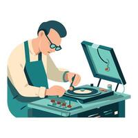 An illustration of a man working on a turntable vector
