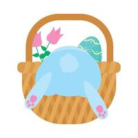 Easter bunny in basket with eggs and tulips vector