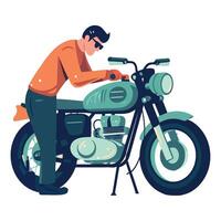 A man is fixing a motorcycle on a white background vector