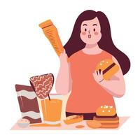 A woman is holding a hamburger and a drink vector