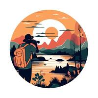 A man with a backpack is looking at the mountains vector