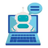 A robot is sitting on a laptop with a speech bubble vector