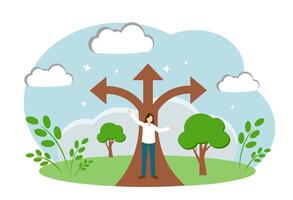 A woman chooses the path of life. The concept of decision-making. A person evaluates the path. Strategic Choices vector