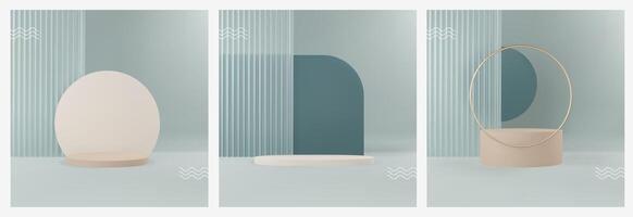 3D abstract podium set. Elegant product platform with reeded translucent glass. Background for promotion and sales. Realistic minimal scene in grounding hues. Mockup product display vector