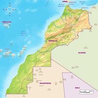 Morocco physical map with national borders, rivers and lakes, mountains, parks, labeling vector