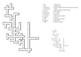 Crossword puzzle game with clues and solution. vector