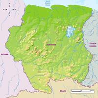 Suriname physical map with national borders, rivers and lakes, mountains, parks, labeling vector