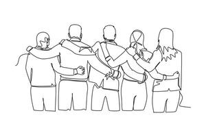 Single one line drawing back view of group men and woman from multi ethnic standing and hugging together show their unity bonding. Friendship. Continuous line draw design graphic illustration vector