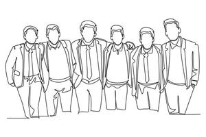 Continuous one line drawing group of happy young men hugging. Male together. Happy friendship day with diverse friends of people hugging together. Single line draw design graphic illustration vector