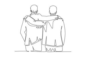 Single continuous line drawing back view of two male workers at office hugging and supporting each other for success of their career. Friend support. One line draw graphic design illustration vector