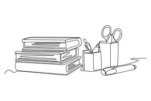 Single one line drawing of pencil case containing writing utensils or stationery next to a pile of textbooks. Back to school or college concept. Continuous line draw design graphic illustration vector