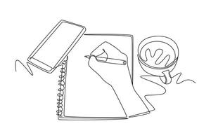 Continuous one line drawing of hand gesture writing on an open book beside a cup of coffee and smartphone. Writing draft business startup concept. Single line draw design graphic illustration vector