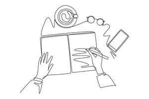 Single continuous line drawing hand writing gesture on a piece of paper beside glasses, smartphone and a cup of coffee. Writing business draft concept. One line draw graphic design illustration vector