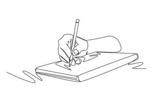 Continuous one line drawing of student school or collage hand gesture writing on an open note book to write business draft. Write business diary concept. Single line design graphic illustration vector