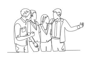 Single continuous line drawing of young happy male and female employees standing together and posing to hug each other at office. Business friendship. One line draw graphic design illustration vector
