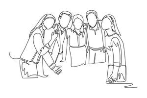Continuous one line drawing of young male and female business people from multi ethnic standing together and posing elegantly. Unity in diversity. Single line draw design graphic illustration vector