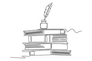 Single continuous line drawing of ink and quill pen on stack of books and office desk. Vintage writing equipment for writer or student concept. Dynamic one line draw graphic design illustration vector